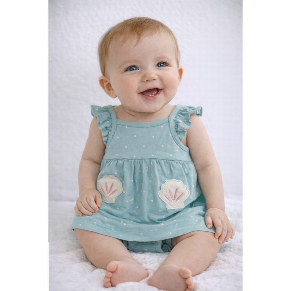 NWOT Carter’s Blue Polka Dot Baby Girls Cotton Sand Dollar Sunsuit Dress 6M